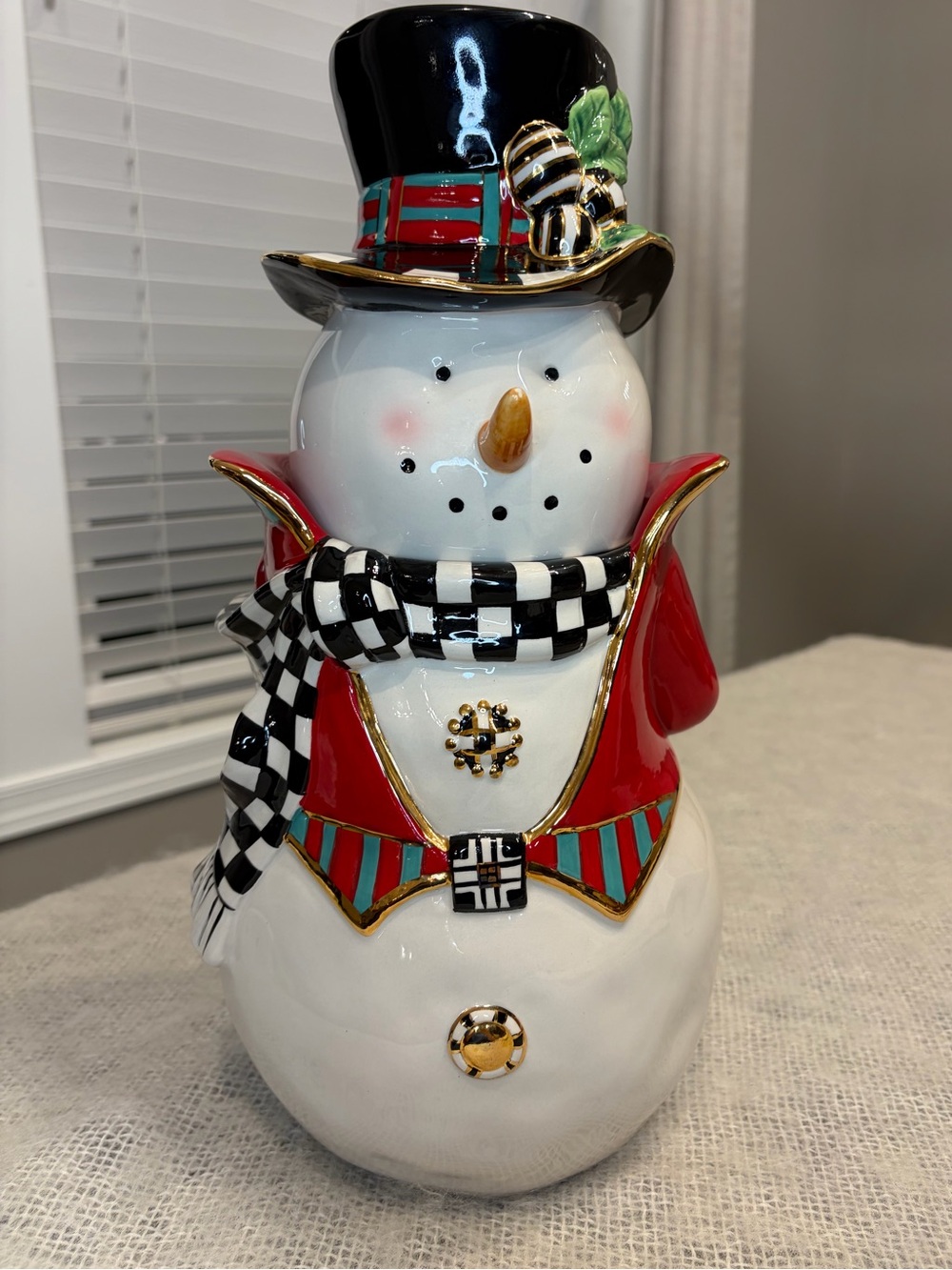 Mackenzie Childs  Retired Limited Edition Snowman Cookie Jar , Courtly Check